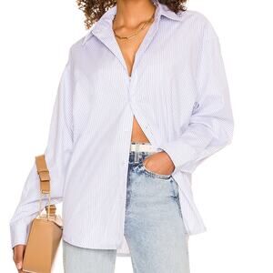 L'Academie Bastien Button Down Top Blue White Striped Polo